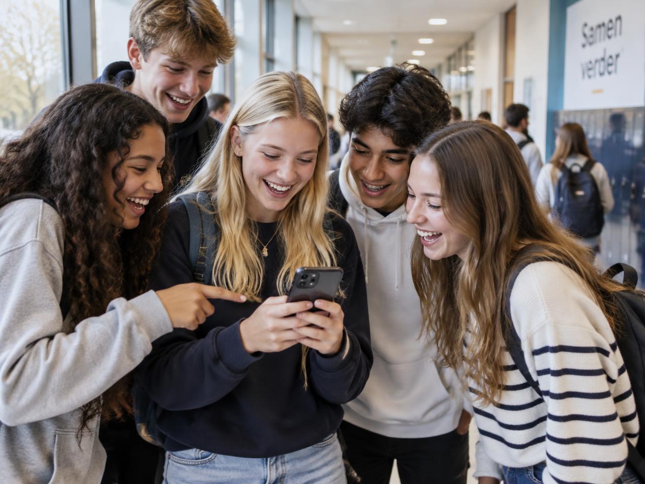 Vrolijke middelbare scholieren kijken samen op een telefoon